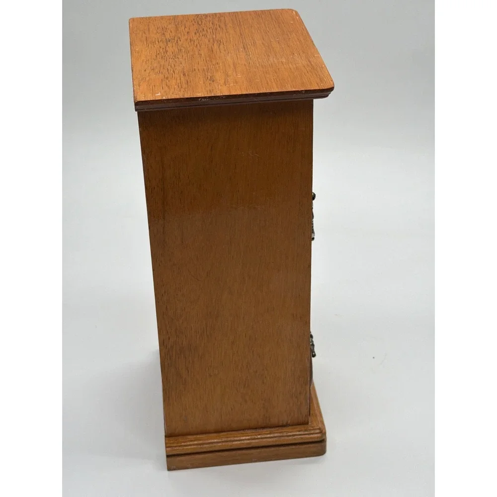 Vintage Wooden Jewelry Armoire Etched Floral Glass Door Necklace Carousel Box